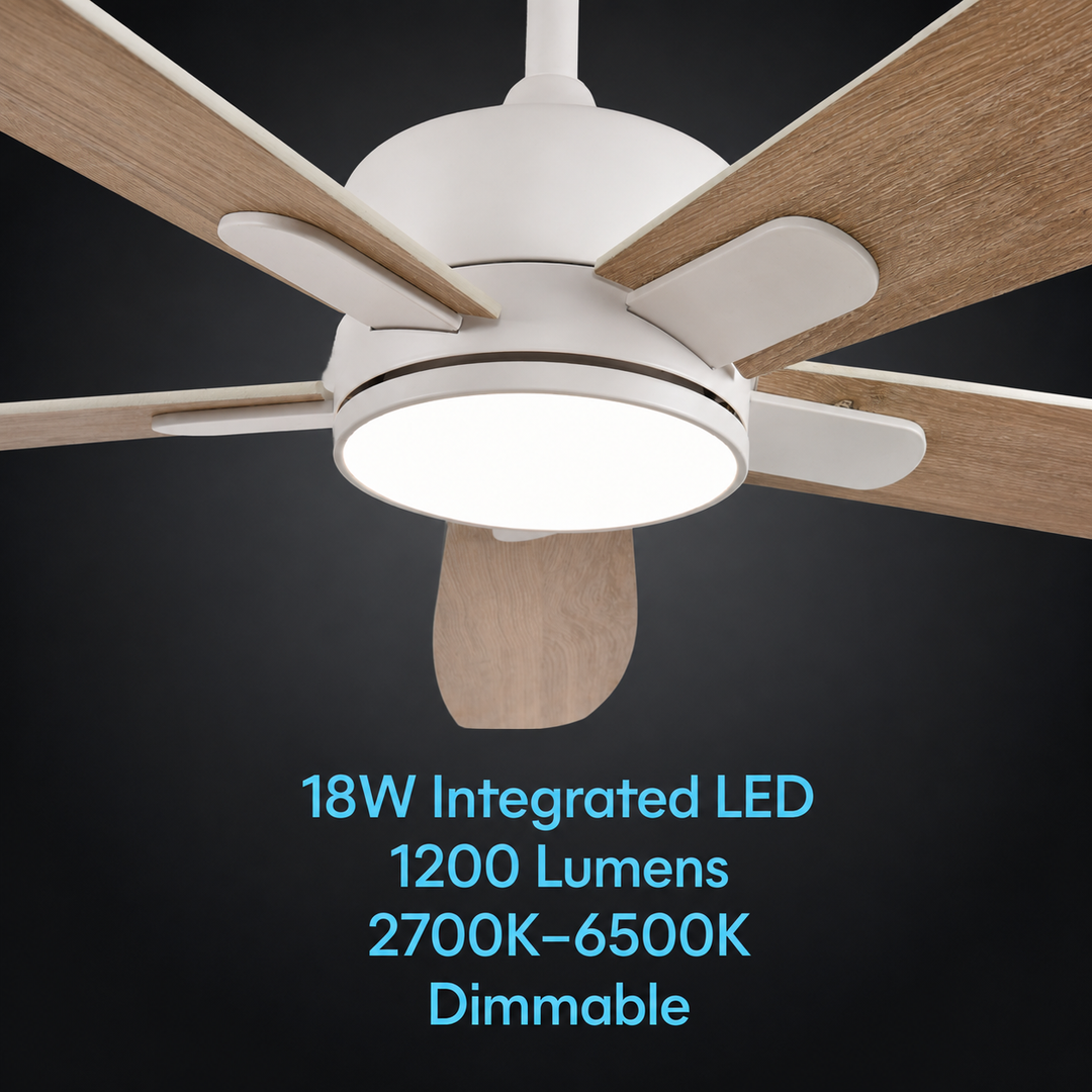 Dragonfly 56 in Matter Smart Ceiling Fan with Light in Matte White / Blackened Oak / White Wood — light hardware detail