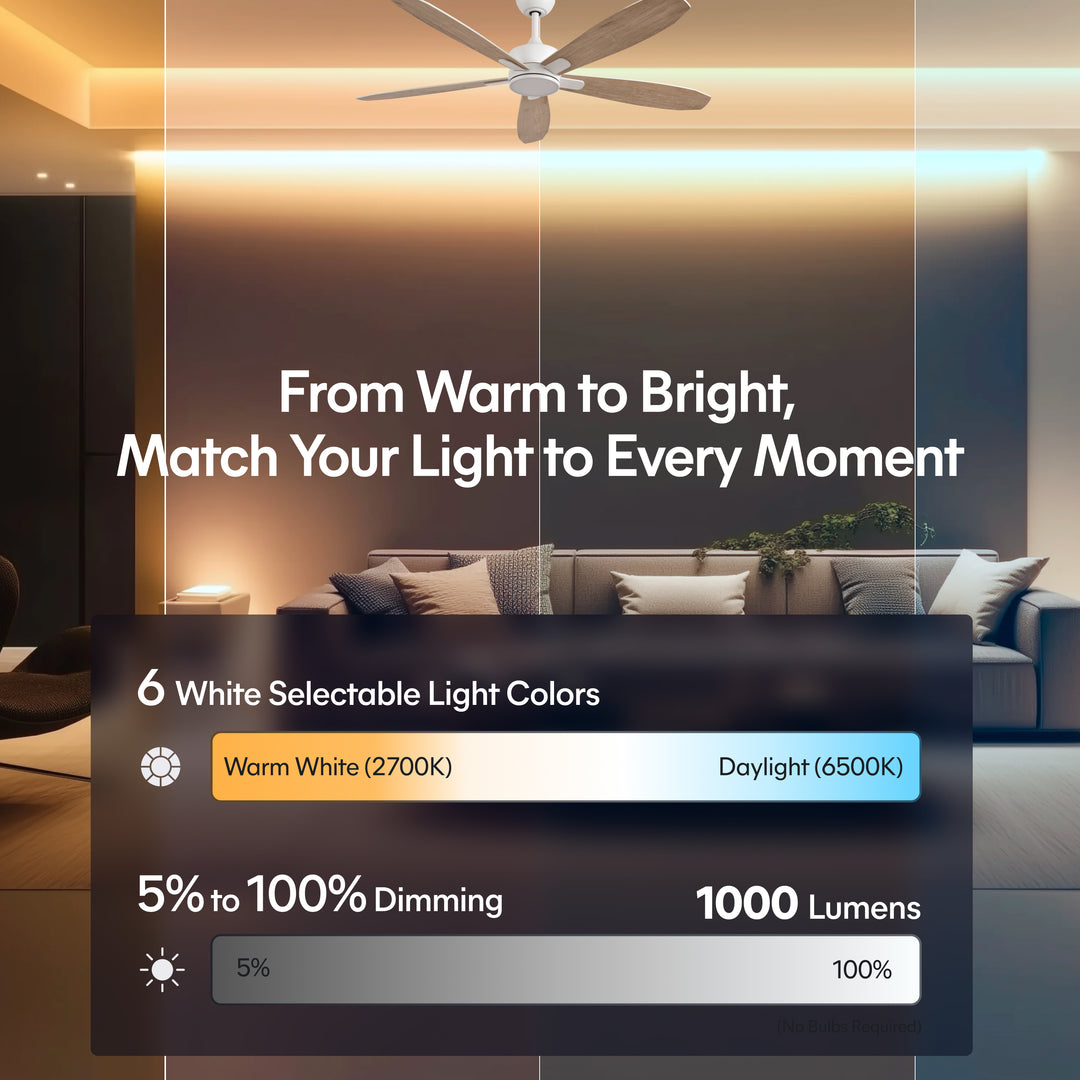 Dragonfly 56 in Matter Smart Ceiling Fan with Light in Matte White / Blackened Oak / White Wood — lighting, colour temperature and lumens
