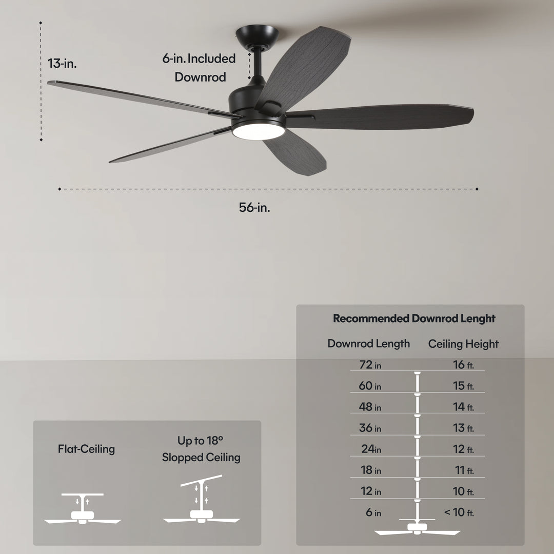 Dragonfly 56 in Matter Smart Ceiling Fan with Light in Matte Black / Blackened Oak / Dark Walnut — dimensions, downrod and sloped-ceiling fit