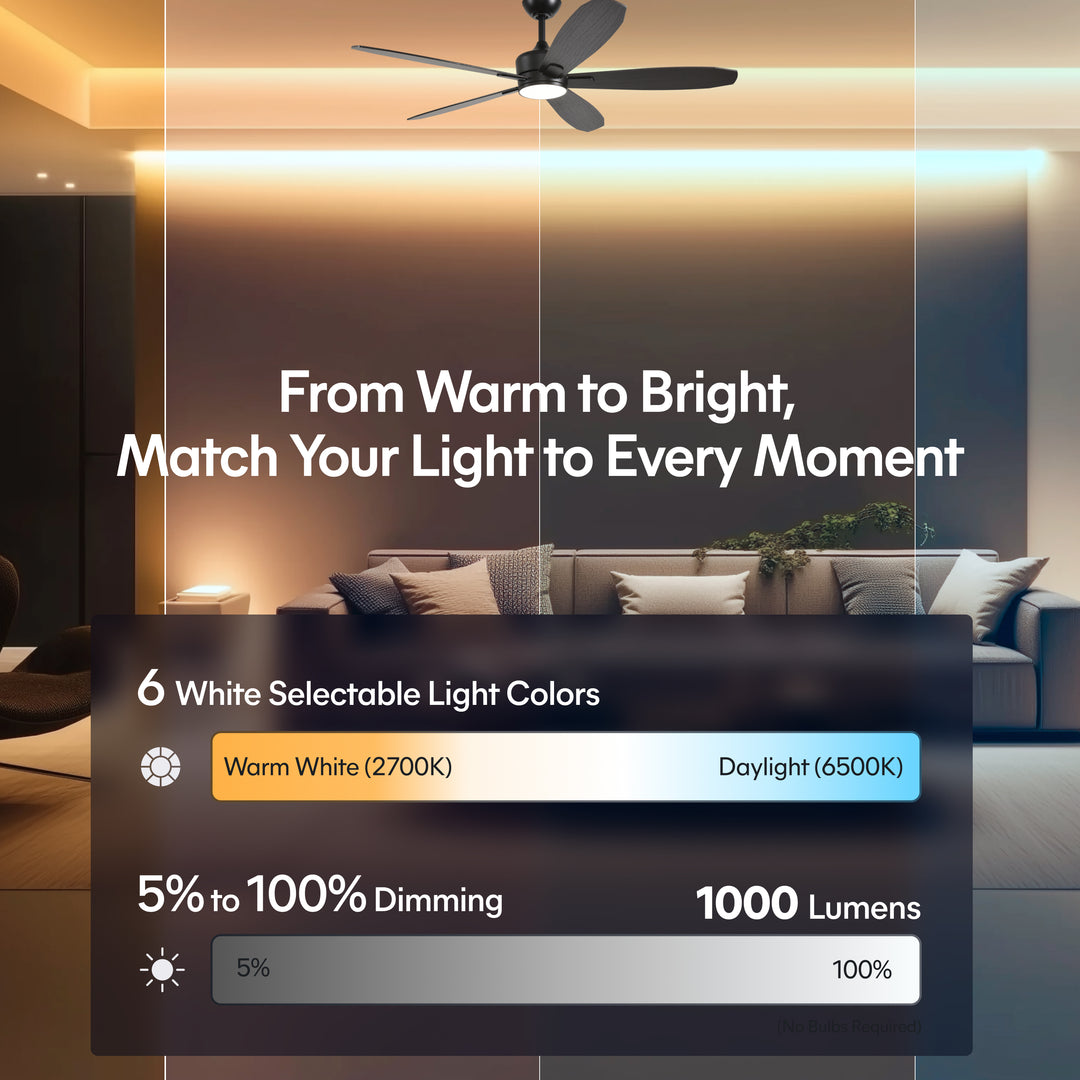 Dragonfly 56 in Matter Smart Ceiling Fan with Light in Matte Black / Blackened Oak / Dark Walnut — lighting, colour temperature and lumens