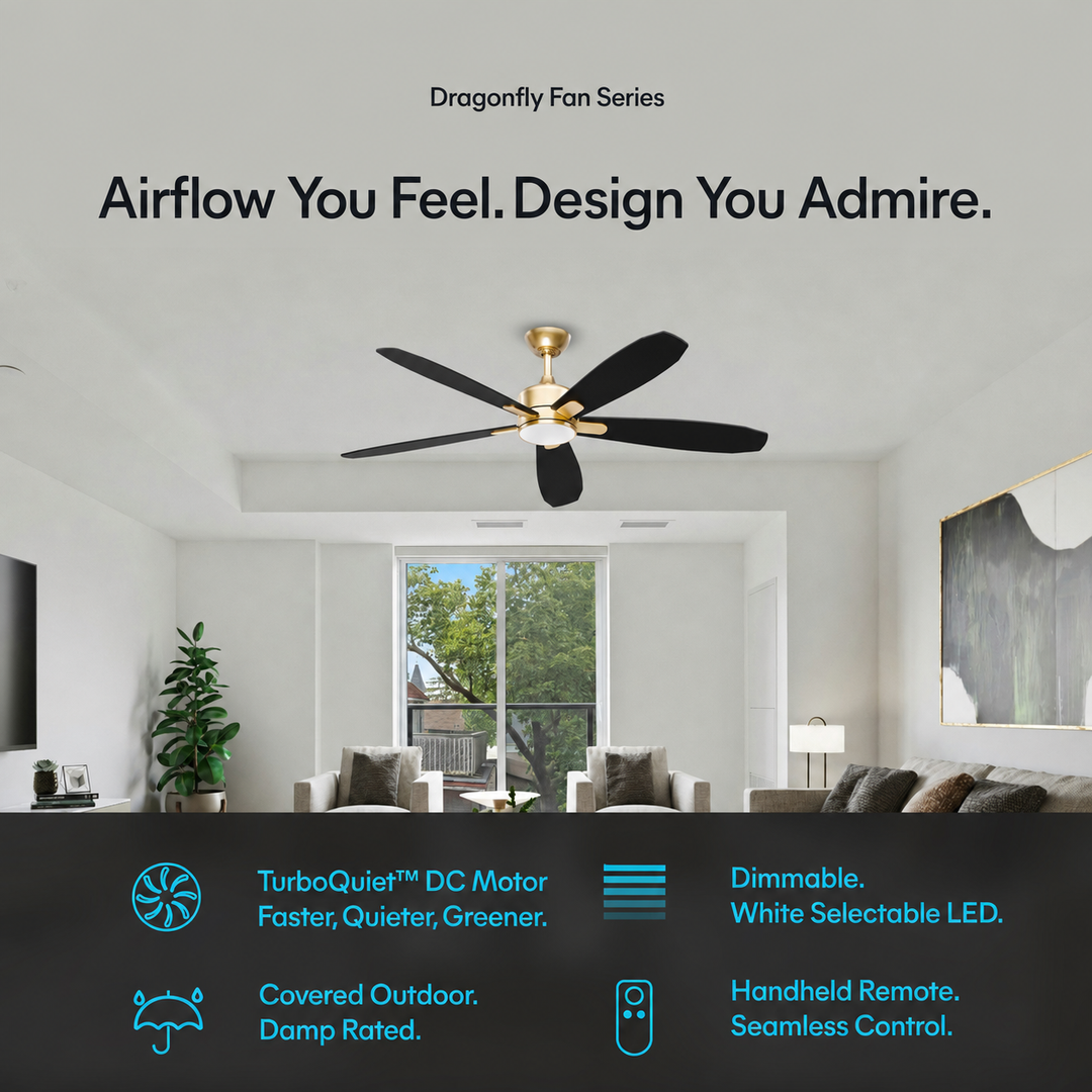 Dragonfly 56 in Matter Smart Ceiling Fan with Light in Champagne Bronze / Blackened Oak / Dark Cherry — feature overview