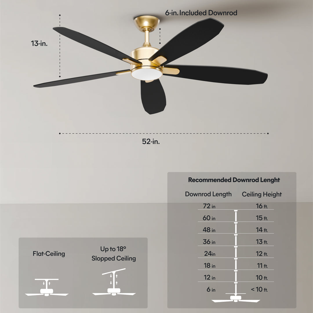 Dragonfly 56 in Matter Smart Ceiling Fan with Light in Champagne Bronze / Blackened Oak / Dark Cherry — dimensions, downrod and sloped-ceiling fit