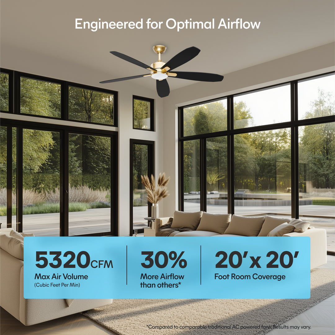 Dragonfly 56 in Matter Smart Ceiling Fan with Light in Champagne Bronze / Blackened Oak / Dark Cherry — airflow and room coverage