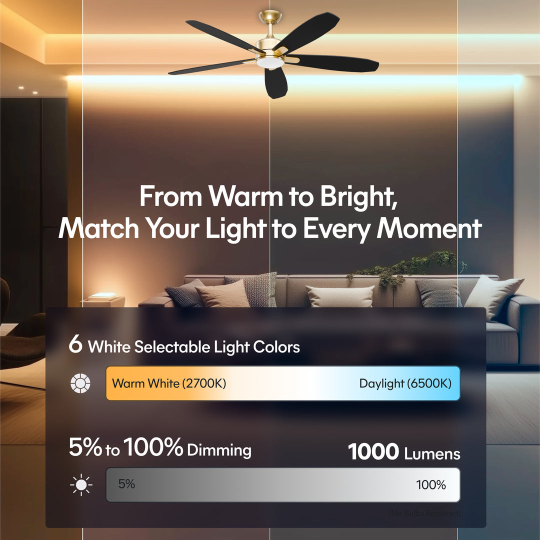 Dragonfly 56 in Matter Smart Ceiling Fan with Light in Champagne Bronze / Blackened Oak / Dark Cherry — lighting, colour temperature and lumens