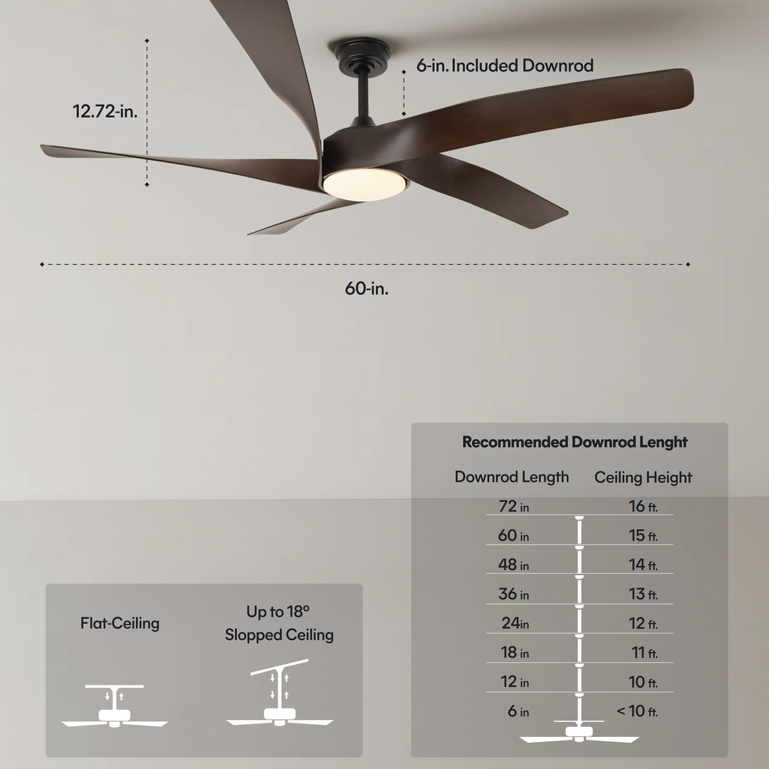Mighty Condor 60 in Matter Smart Ceiling Fan with Light in Matte Black / Dark Brown — dimensions, downrod and sloped-ceiling fit