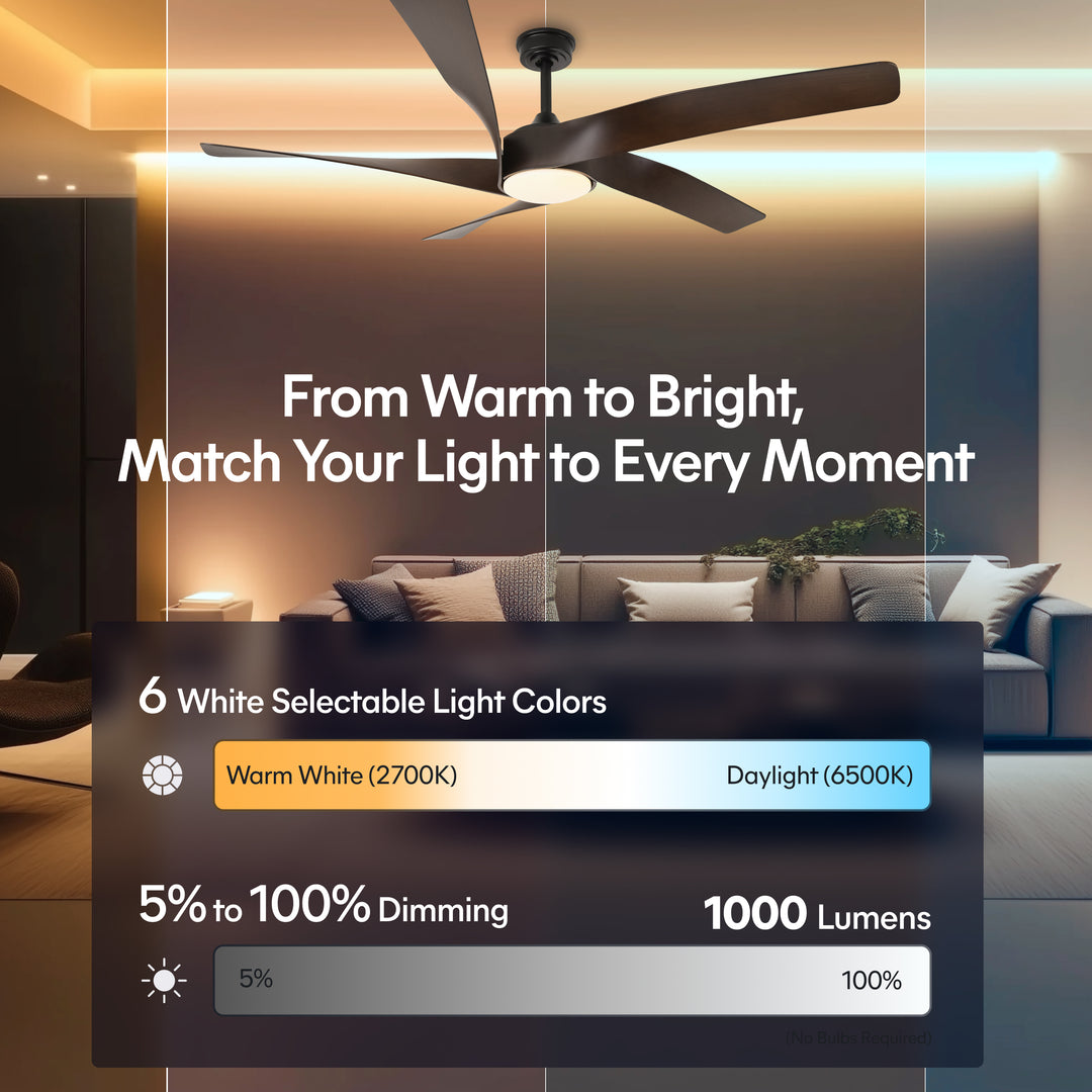 Mighty Condor 60 in Matter Smart Ceiling Fan with Light in Matte Black / Dark Brown — lighting, colour temperature and lumens