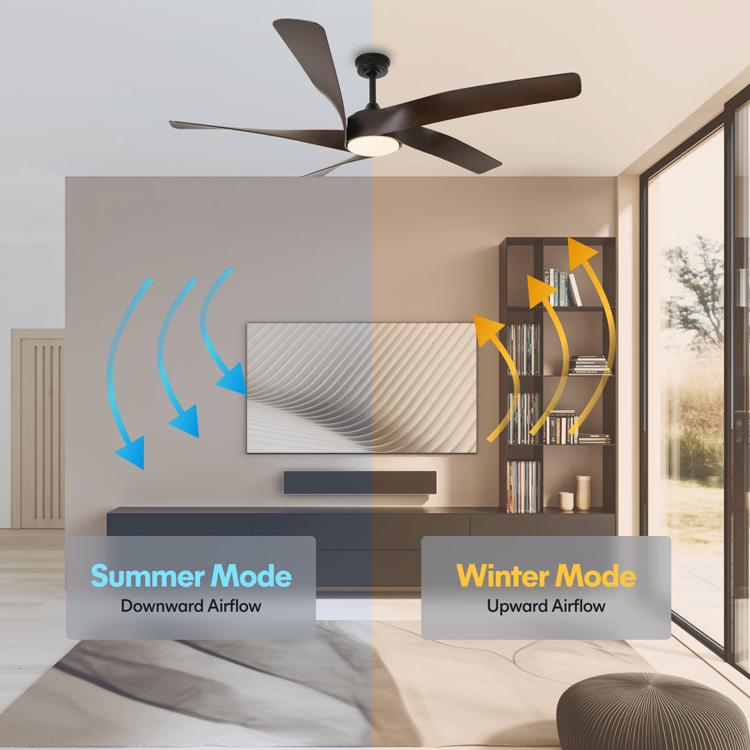 Mighty Condor 60 in Matter Smart Ceiling Fan with Light in Matte Black / Dark Brown — reversible summer and winter modes