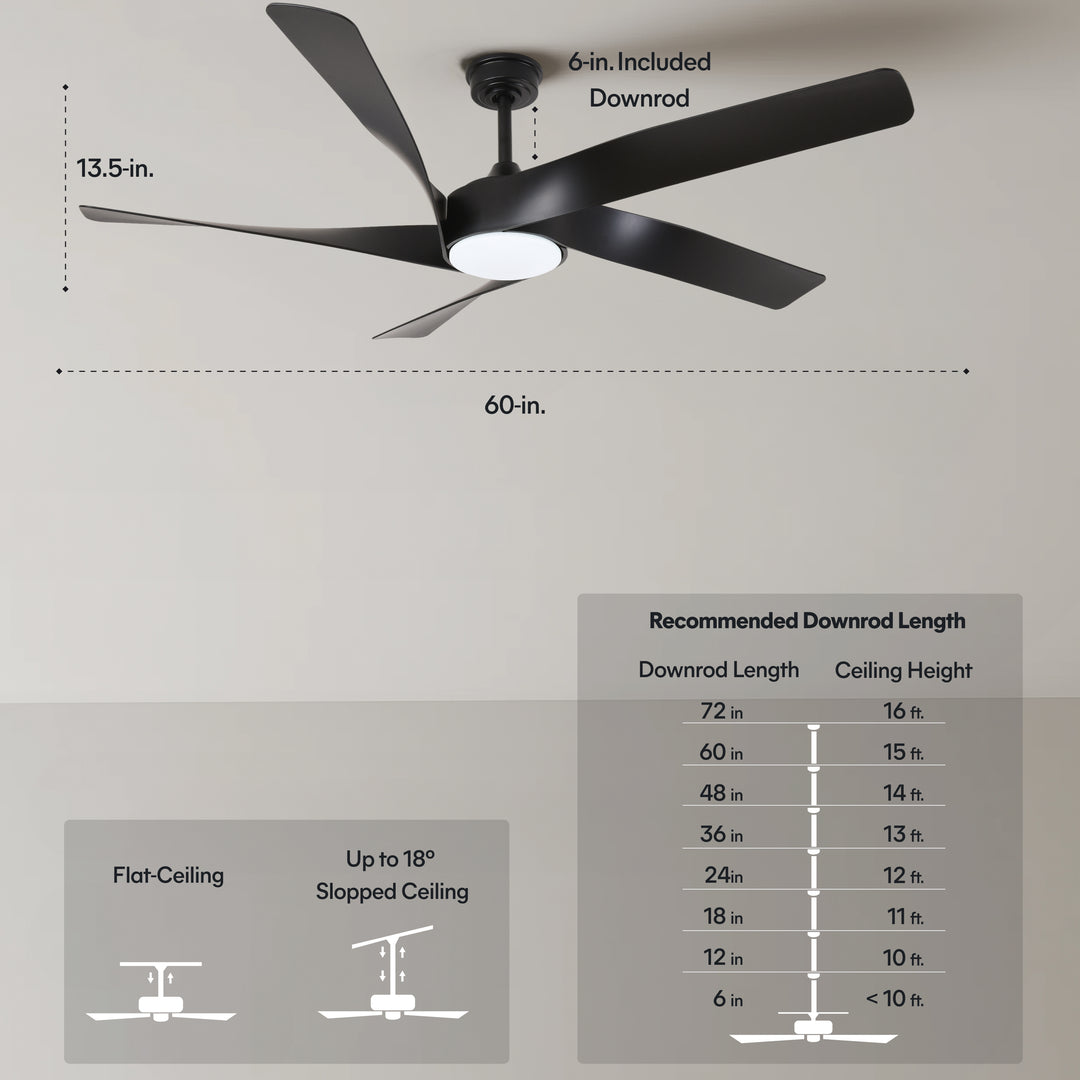 Mighty Condor 60 in Matter Smart Ceiling Fan with Light in Matte Black — dimensions, downrod and sloped-ceiling fit