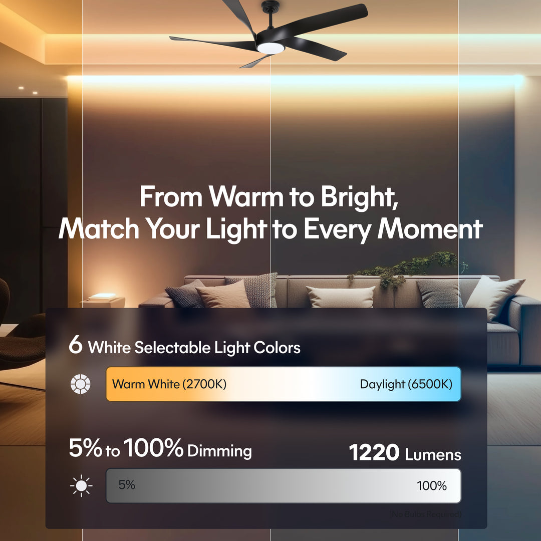 Mighty Condor 60 in Matter Smart Ceiling Fan with Light in Matte Black — lighting, colour temperature and lumens