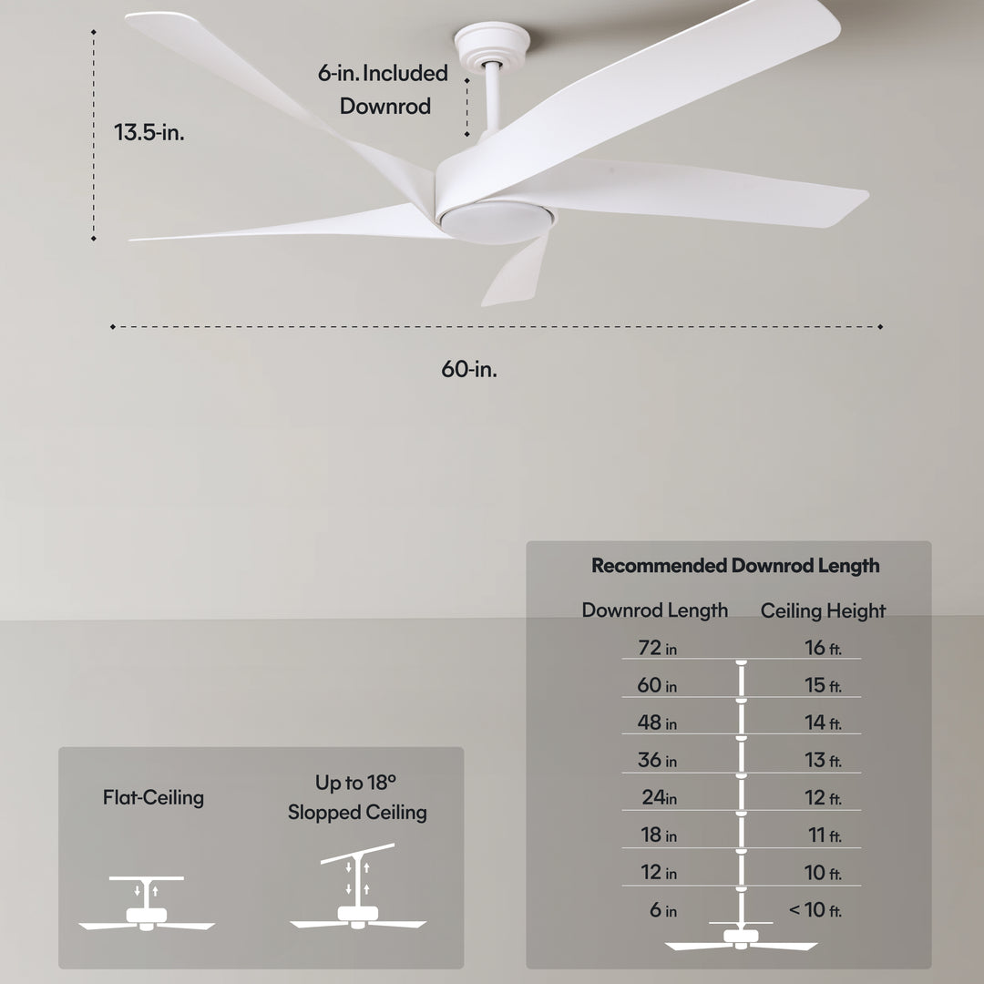 Mighty Condor 60 in Matter Smart Ceiling Fan with Light in Matte White — dimensions, downrod and sloped-ceiling fit