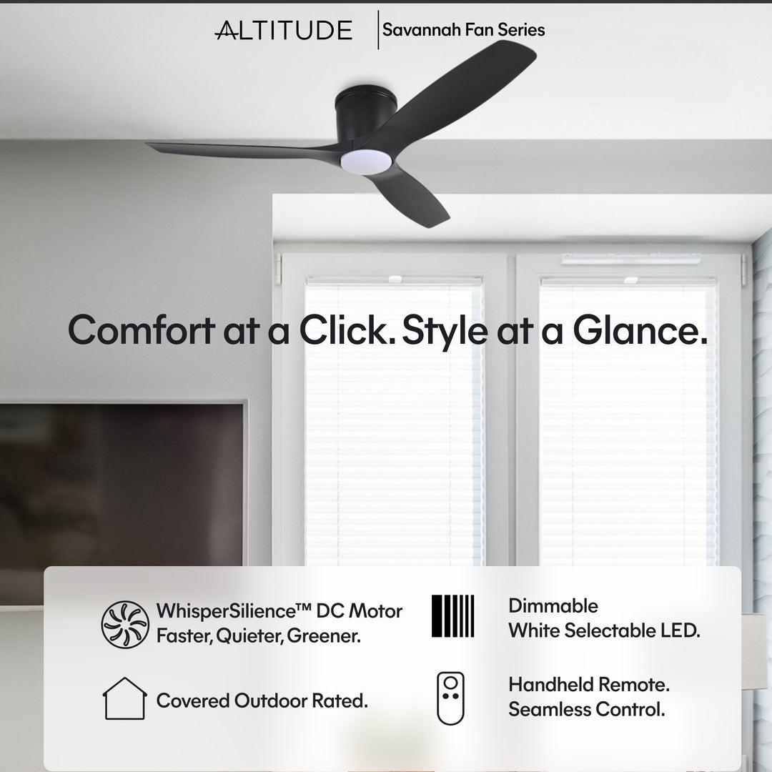 Savannah 52 in Matter Smart Flush Mount Ceiling Fan with Light in Matte Black — feature overview