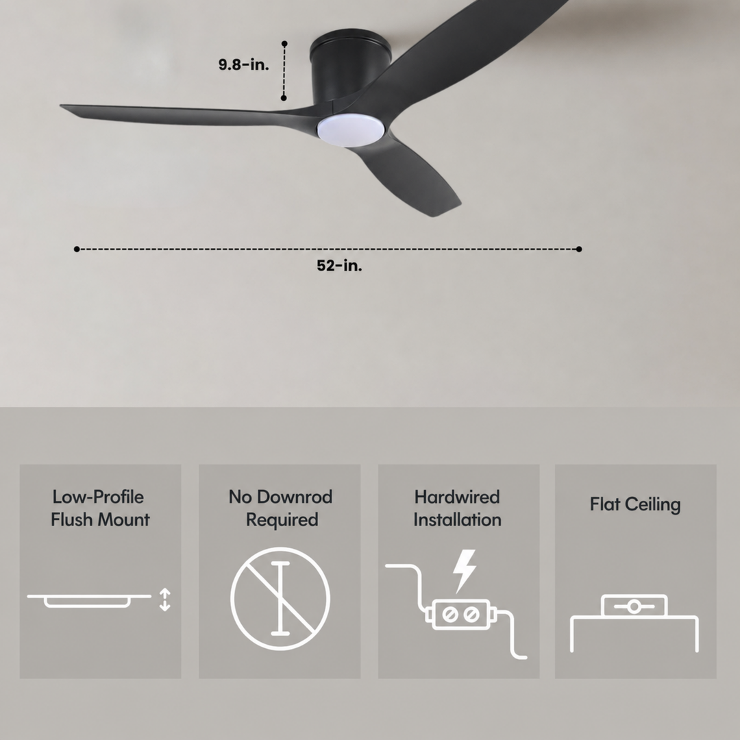 Savannah 52 in Matter Smart Flush Mount Ceiling Fan with Light in Matte Black — dimensions and flush-mount installation