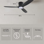 Load image into Gallery viewer, Savannah 52 in Matter Smart Flush Mount Ceiling Fan with Light in Matte Black — dimensions and flush-mount installation
