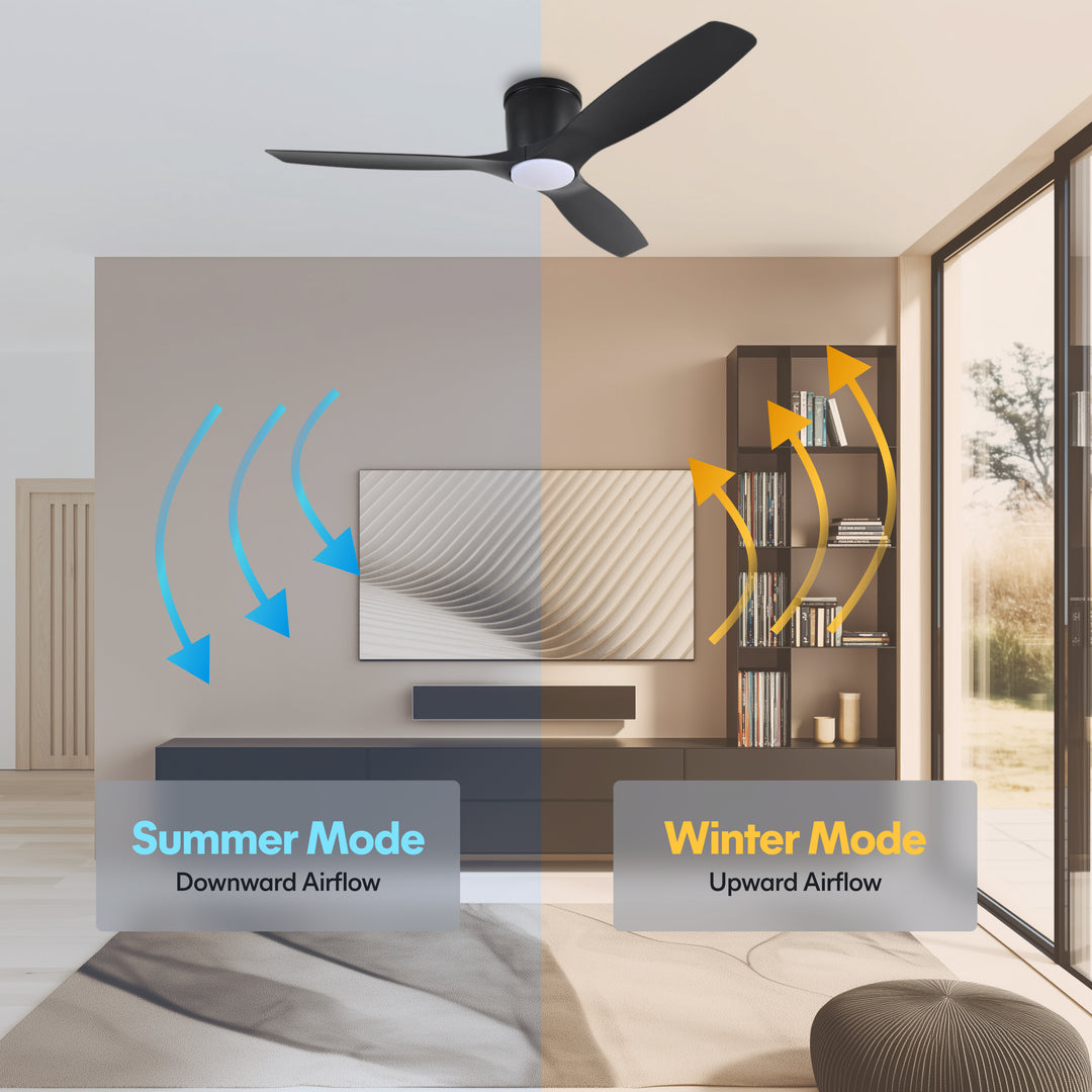 Savannah 52 in Matter Smart Flush Mount Ceiling Fan with Light in Matte Black — reversible summer and winter modes