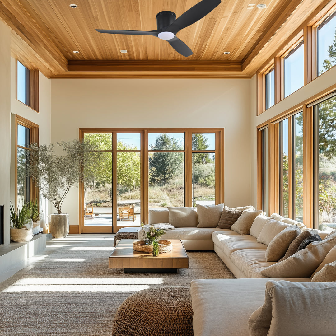 Savannah 52 in Matter Smart Flush Mount Ceiling Fan with Light in Matte Black — in-room lifestyle view