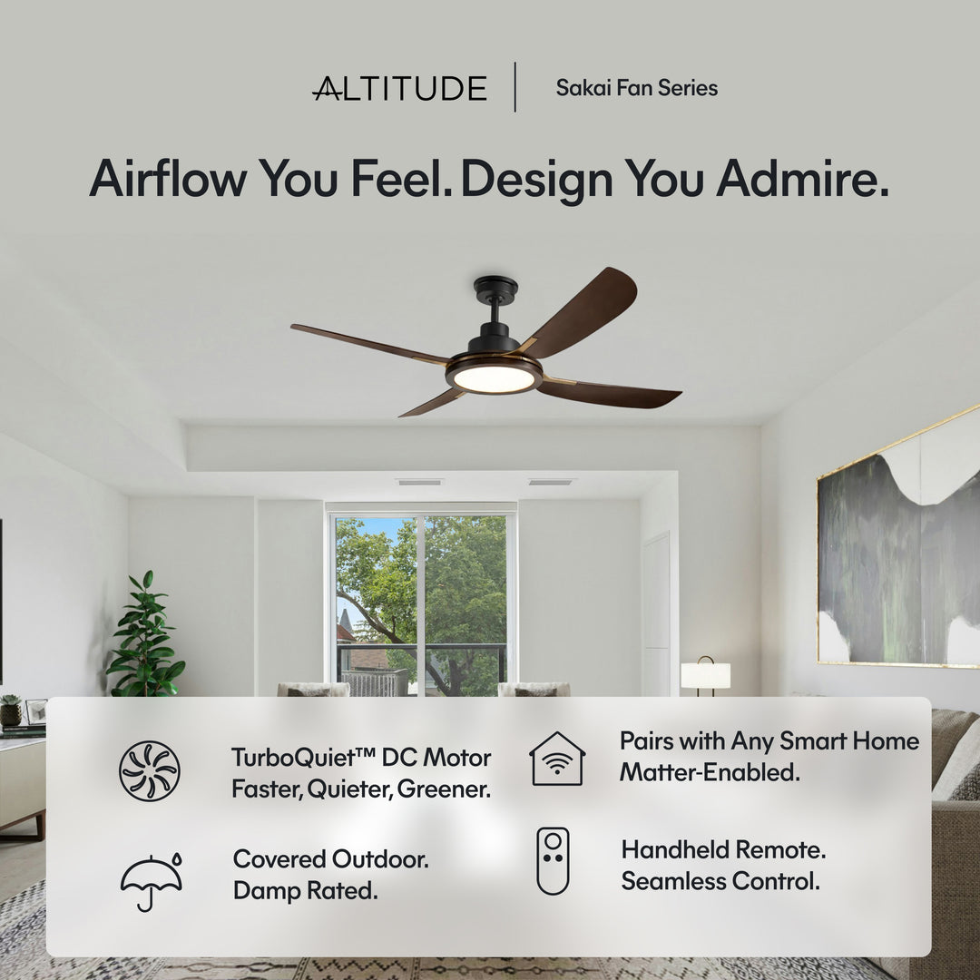 Sakai 56 in Matter Smart Ceiling Fan with Light in Matte Black / Dark Brown / Aged Bronze — feature overview