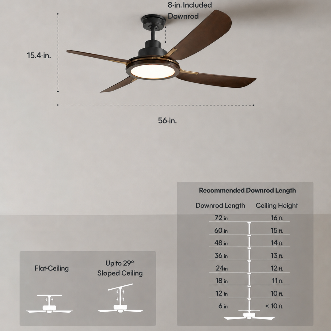 Sakai 56 in Matter Smart Ceiling Fan with Light in Matte Black / Dark Brown / Aged Bronze — dimensions, downrod and sloped ceiling