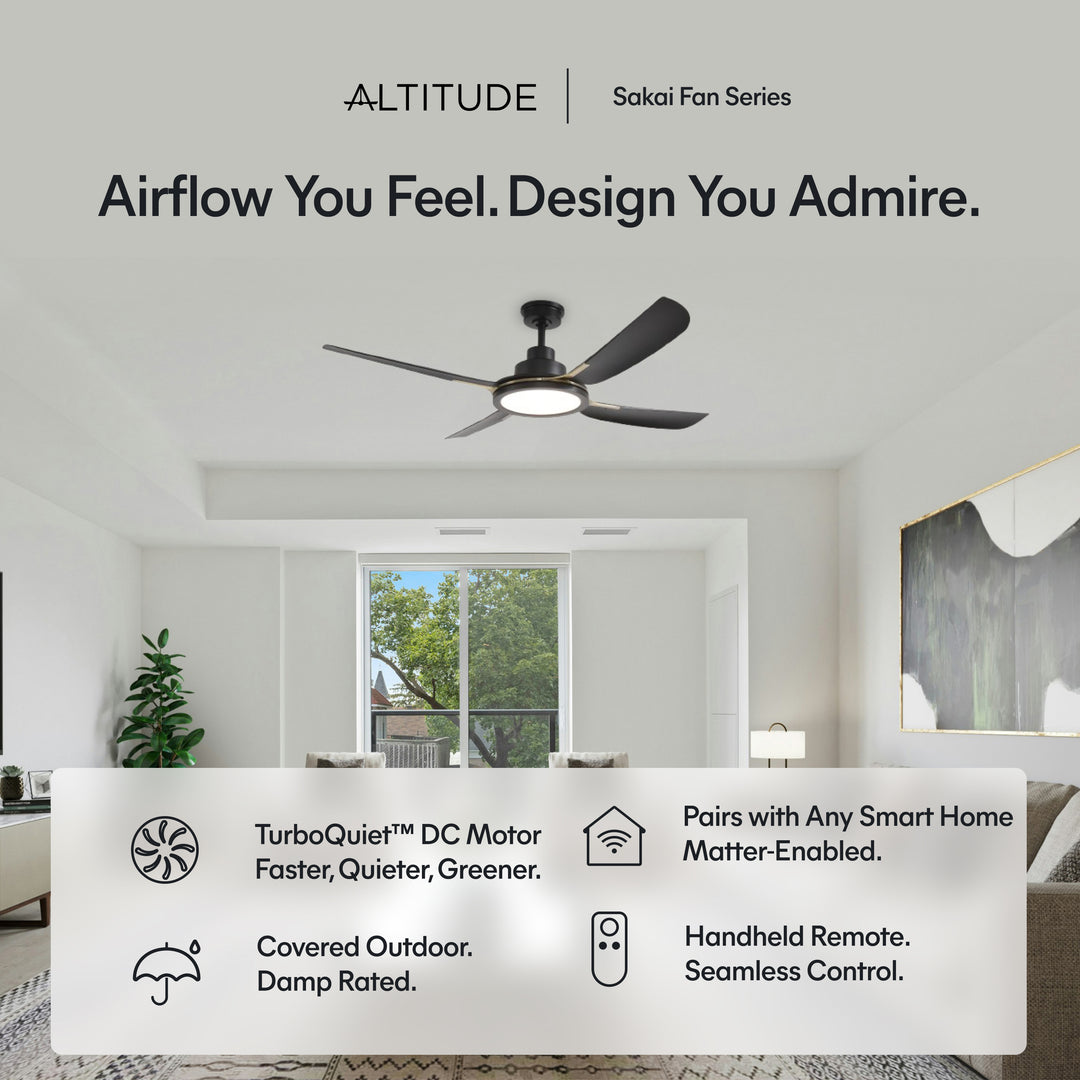 Sakai 56 in Matter Smart Ceiling Fan with Light in Matte Black / Aged Bronze — feature overview