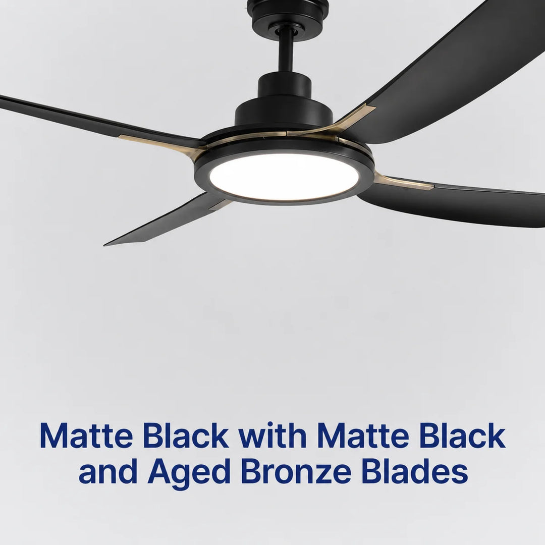 Sakai 56 in Matter Smart Ceiling Fan with Light in Matte Black / Aged Bronze — finish and material detail