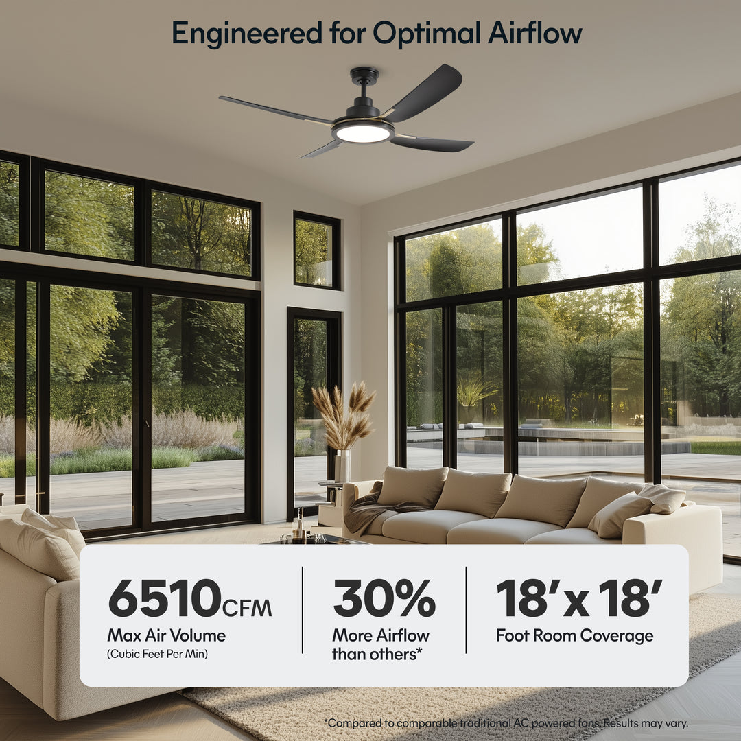 Sakai 56 in Matter Smart Ceiling Fan with Light in Matte Black / Aged Bronze — airflow and room coverage