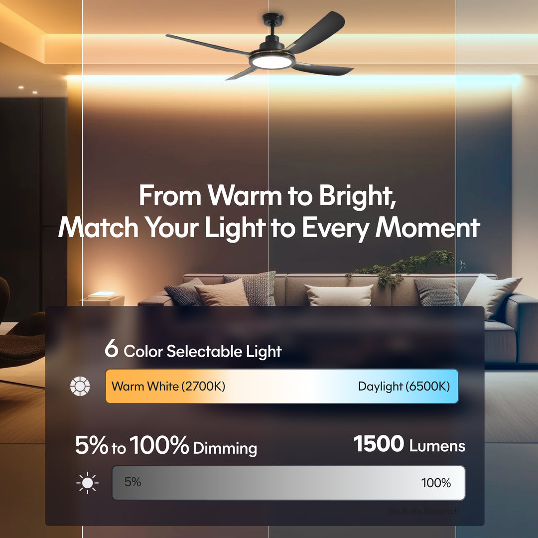 Sakai 56 in Matter Smart Ceiling Fan with Light in Matte Black / Aged Bronze — lighting, colour temperature and lumens