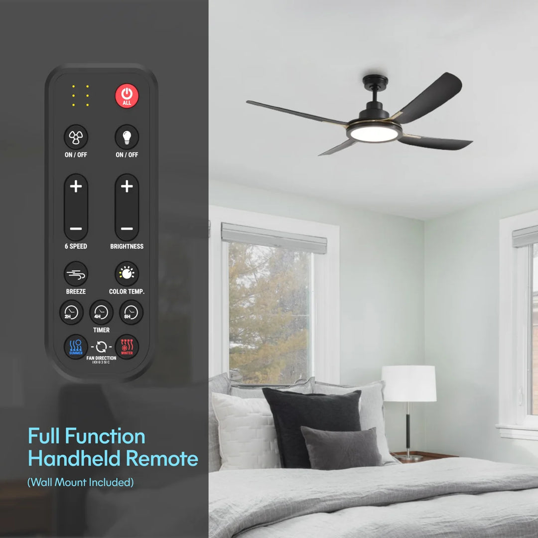 Sakai 56 in Matter Smart Ceiling Fan with Light in Matte Black / Aged Bronze — remote, control and pull chain