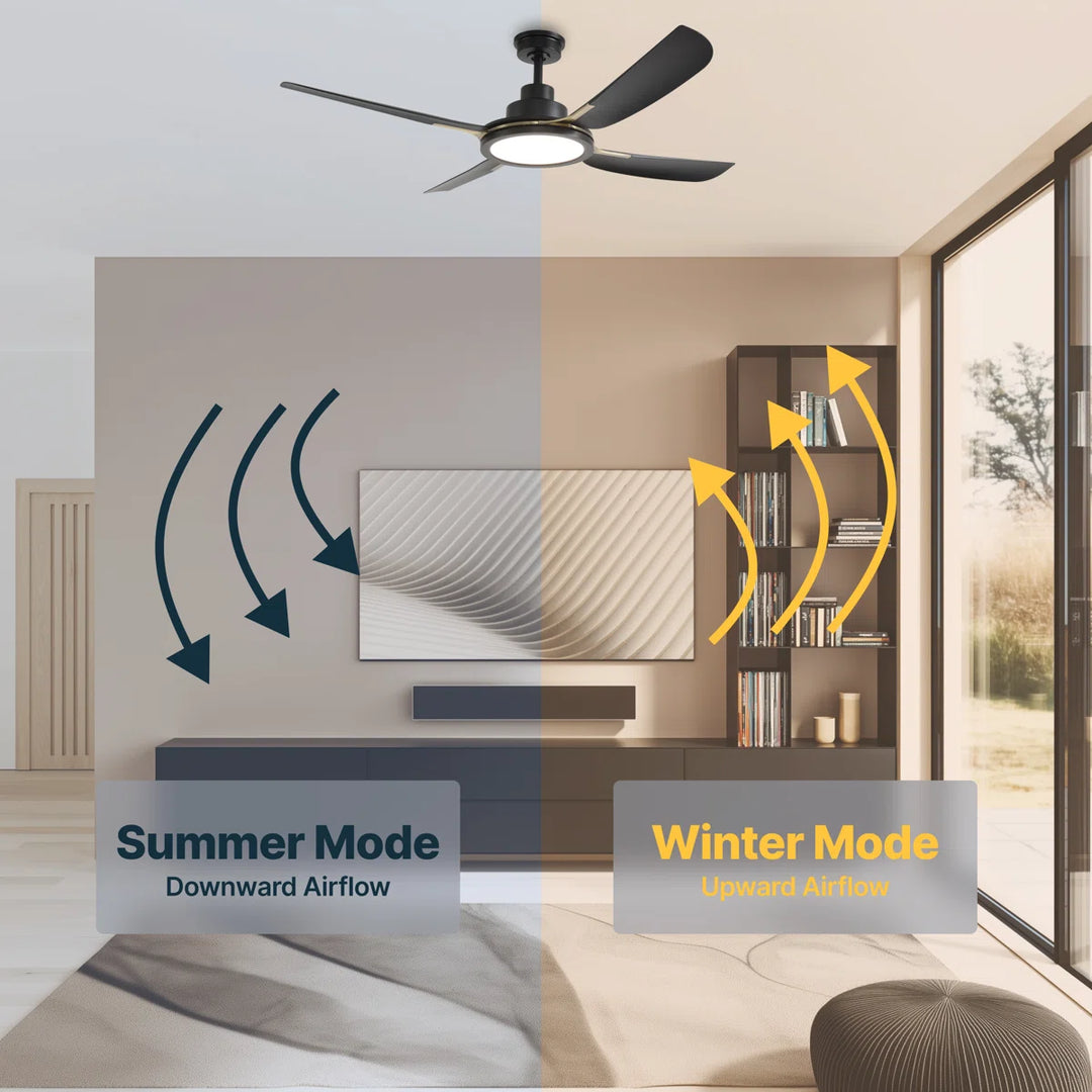 Sakai 56 in Matter Smart Ceiling Fan with Light in Matte Black / Aged Bronze — reversible summer and winter modes