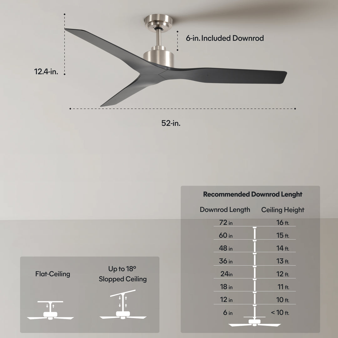 Skylark 52 in Matter Smart Ceiling Fan Without Light in Brushed Nickel / Matte Black — dimensions, downrod and sloped-ceiling fit