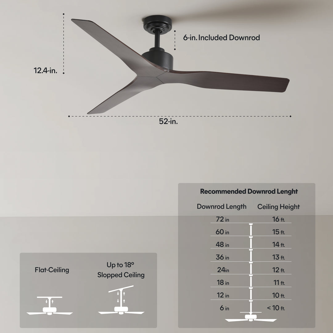 Skylark 52 in Matter Smart Ceiling Fan Without Light in Matte Black / Dark Brown — dimensions, downrod and sloped-ceiling fit