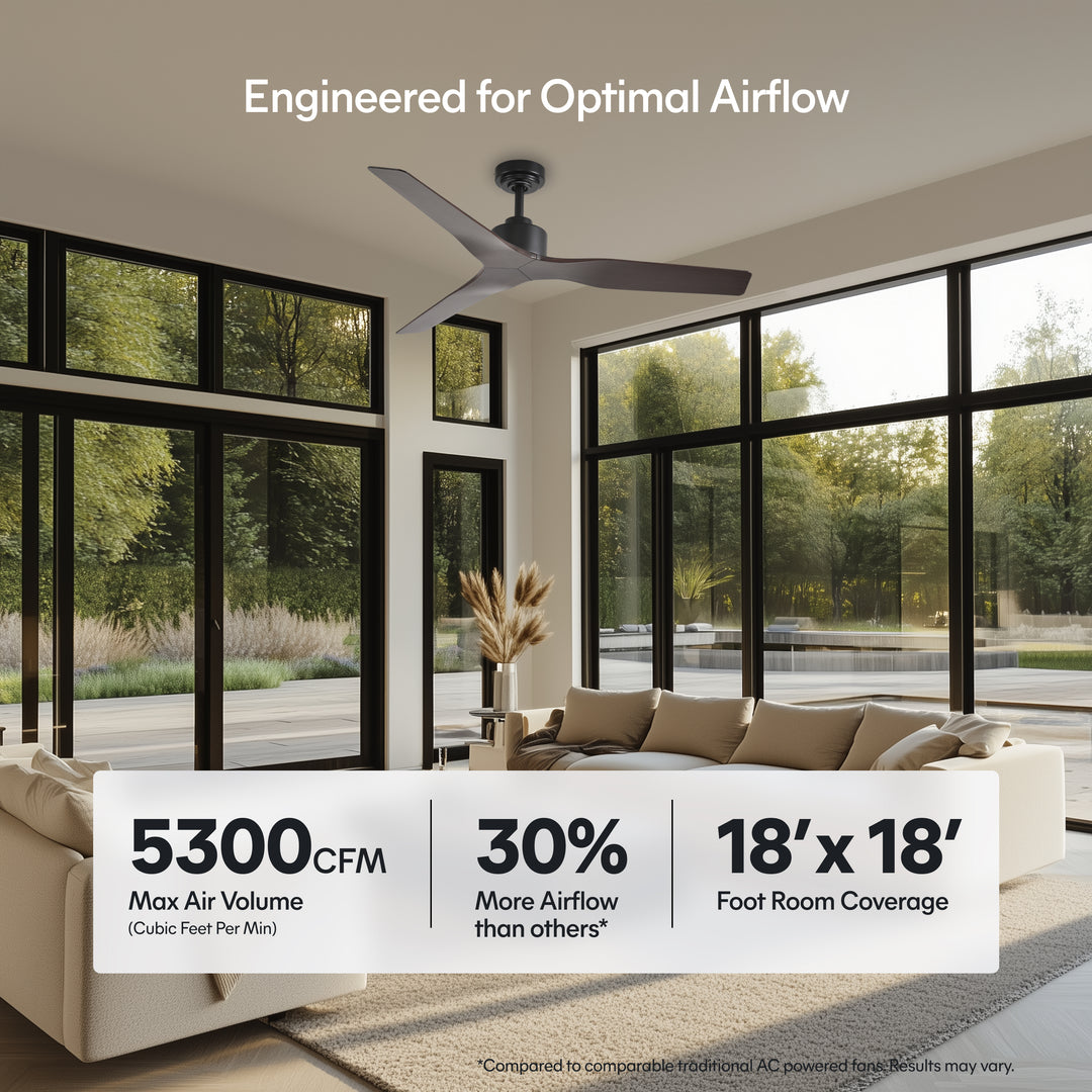 Skylark 52 in Matter Smart Ceiling Fan Without Light in Matte Black / Dark Brown — airflow and room coverage
