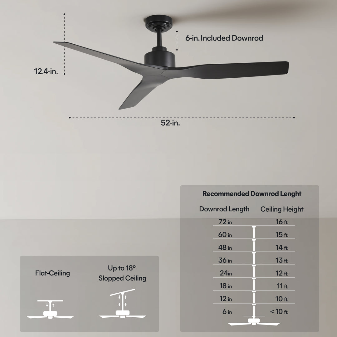 Skylark 52 in Matter Smart Ceiling Fan Without Light in Matte Black — dimensions, downrod and sloped-ceiling fit