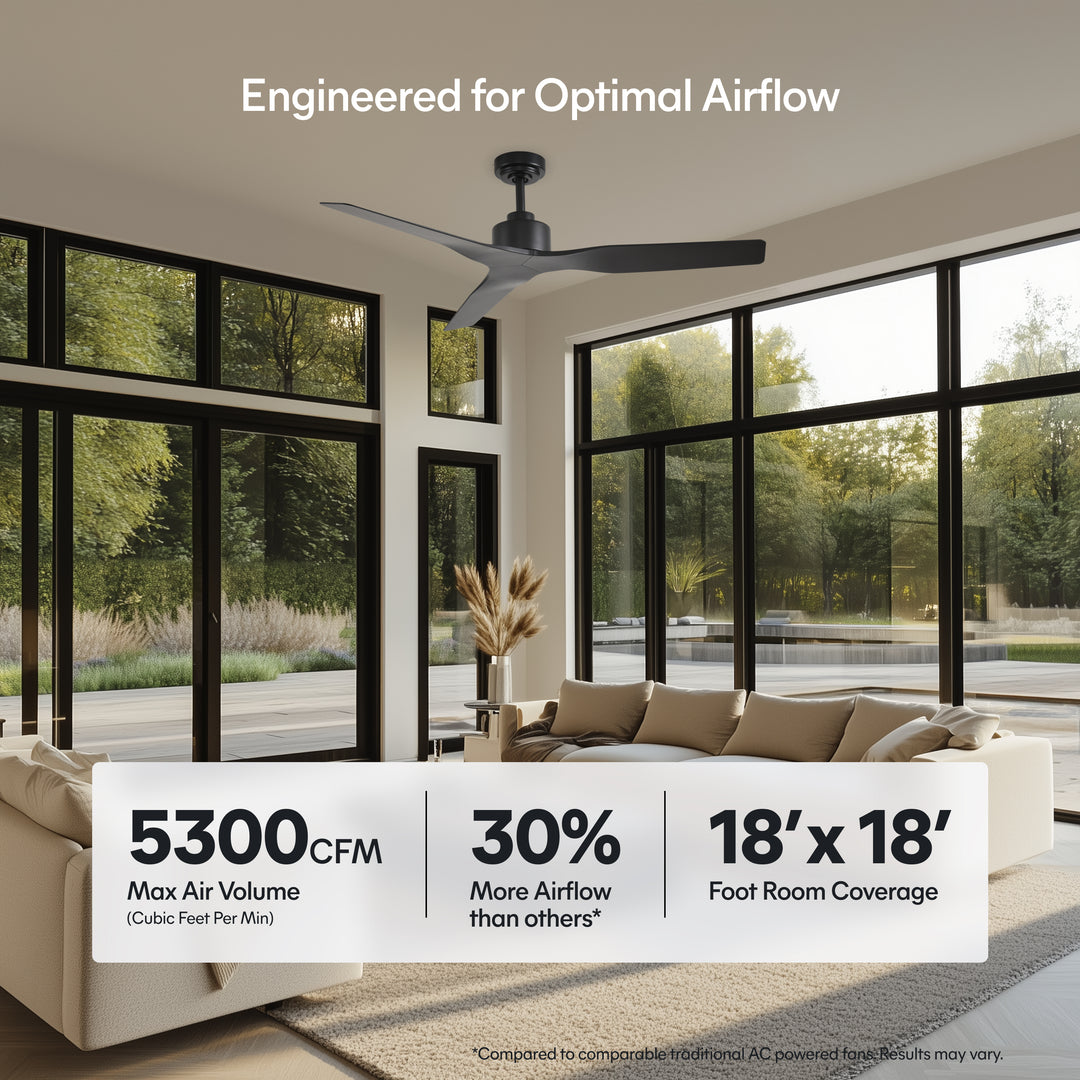 Skylark 52 in Matter Smart Ceiling Fan Without Light in Matte Black — airflow and room coverage