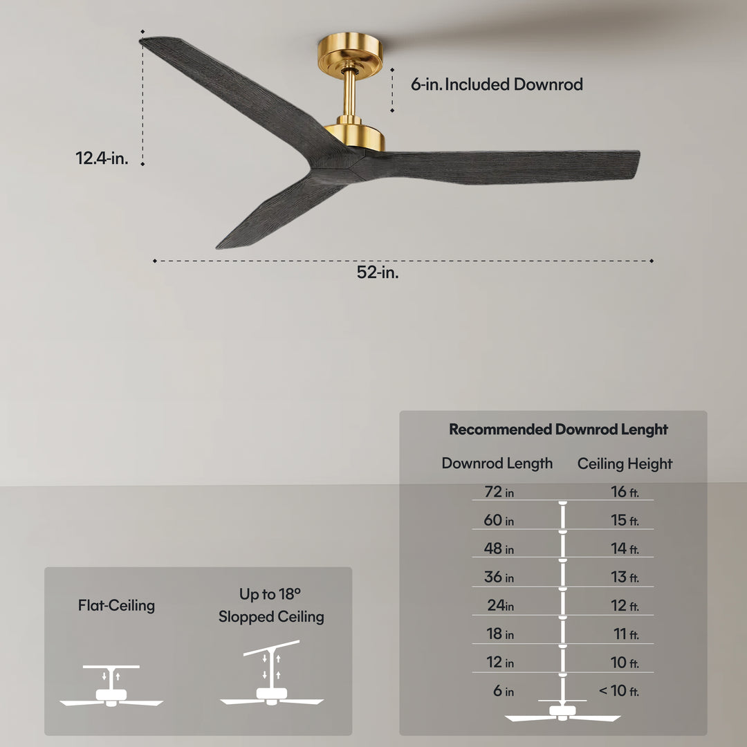 Skylark 52 in Matter Smart Ceiling Fan Without Light in Matte Champagne / Slate Oak — dimensions, downrod and sloped-ceiling fit