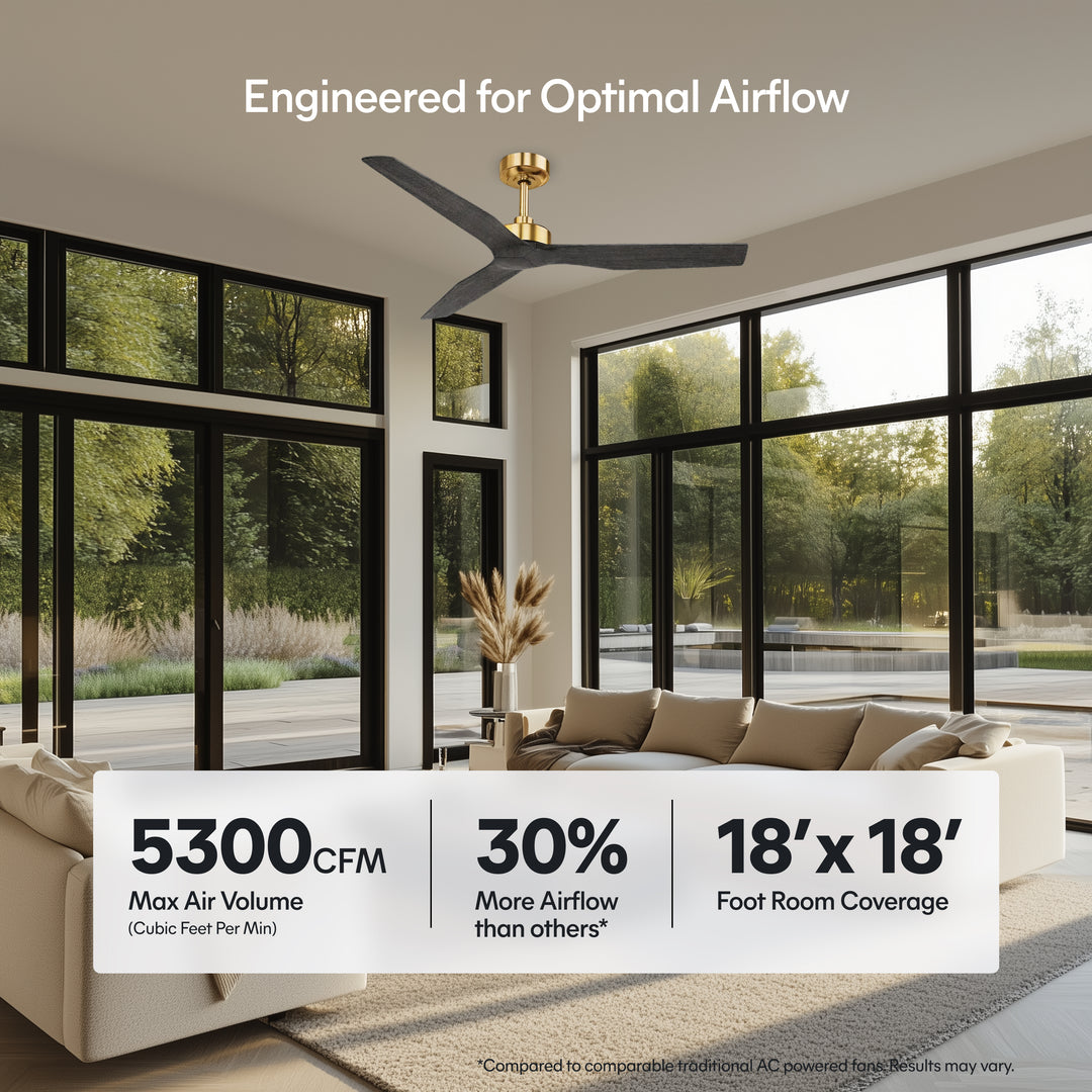 Skylark 52 in Matter Smart Ceiling Fan Without Light in Matte Champagne / Slate Oak — airflow and room coverage