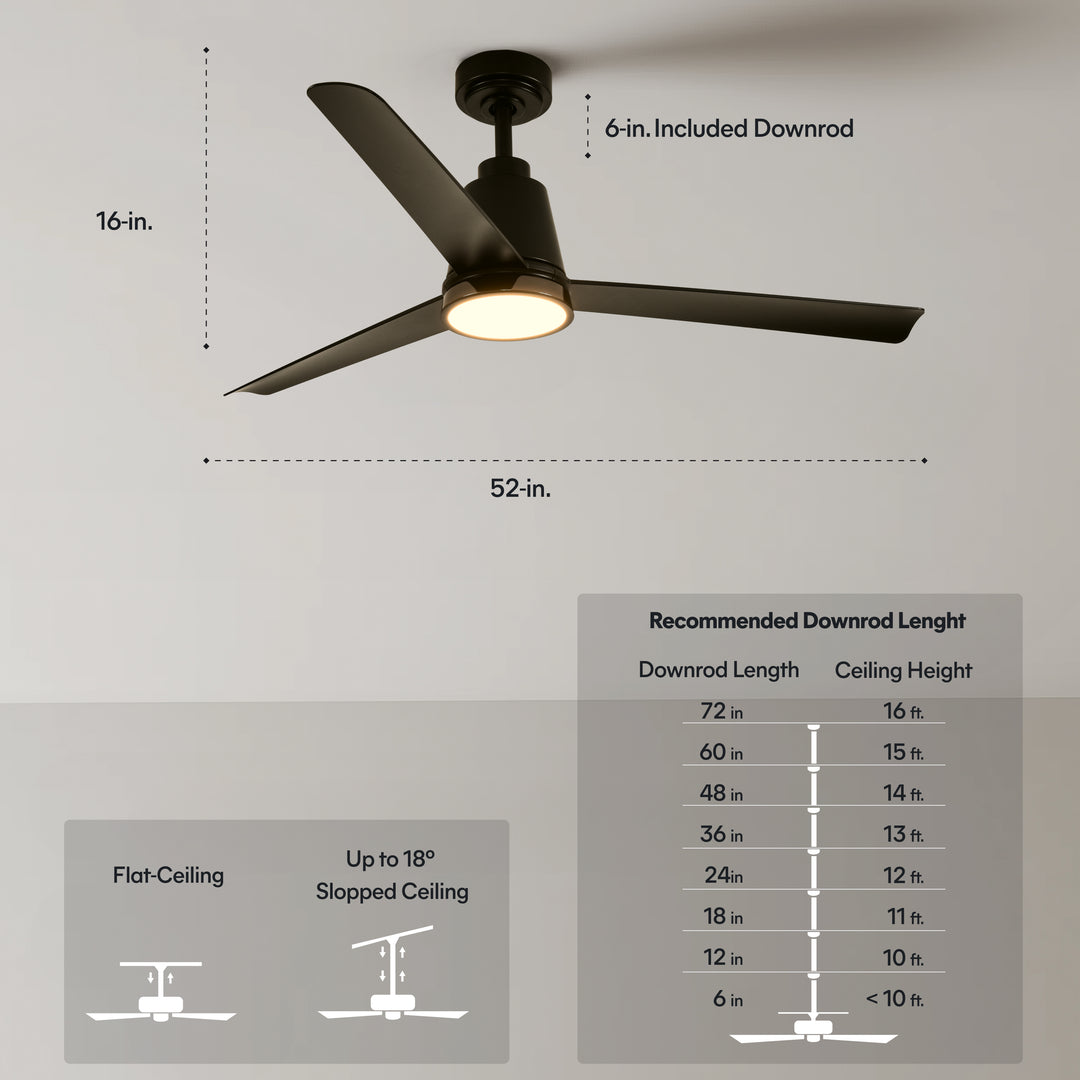 Solo 52 in Covered Outdoor Ceiling Fan with Light in Matte Black — dimensions, downrod and sloped-ceiling fit