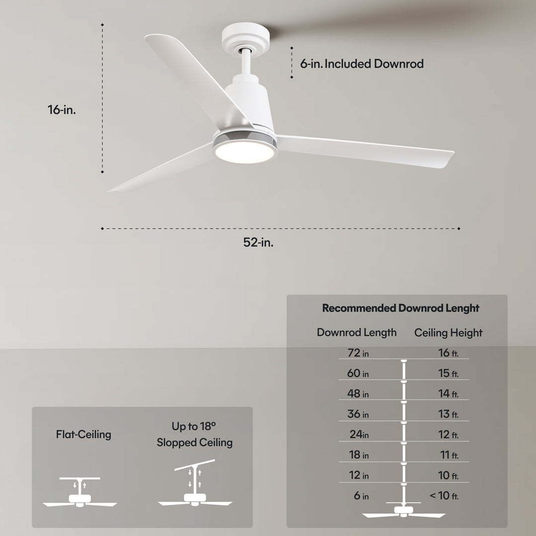 Solo 52 in Covered Outdoor Ceiling Fan with Light in Matte White — dimensions, downrod and sloped-ceiling fit