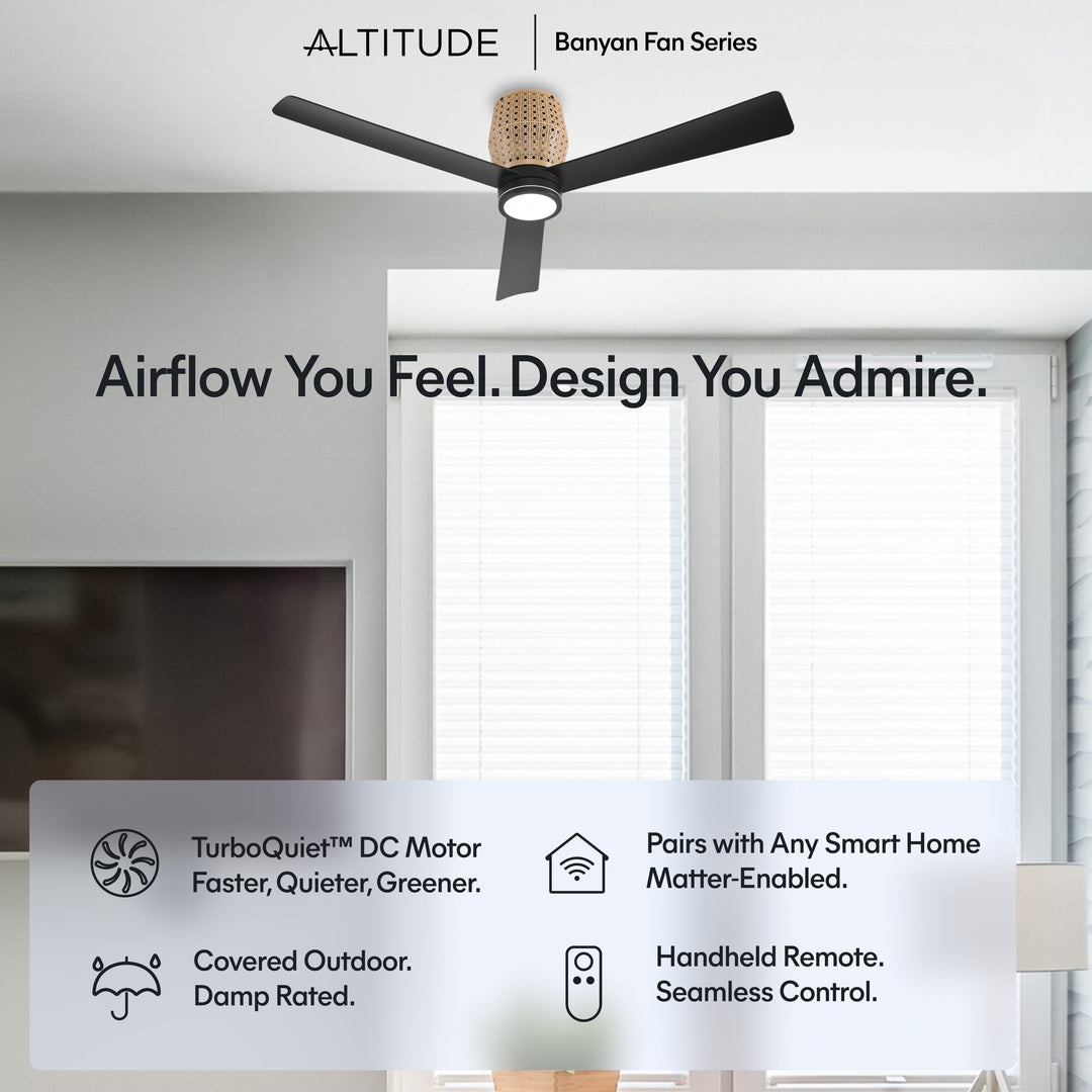 Banyan 52 in Matter Smart Rattan Ceiling Fan with Light in Matte Black / Natural Rattan — feature overview