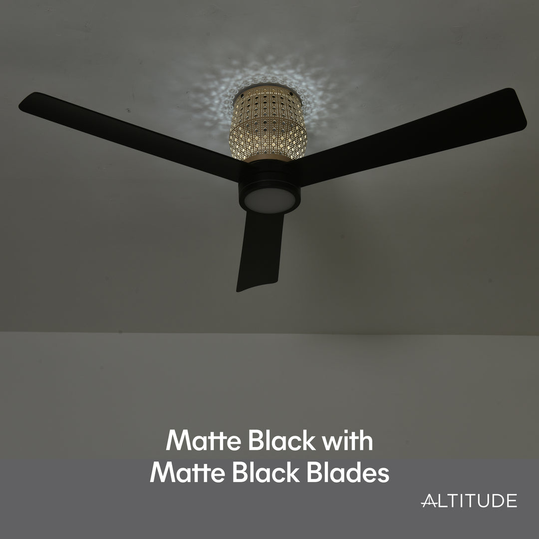 Banyan 52 in Matter Smart Rattan Ceiling Fan with Light in Matte Black / Natural Rattan — finish and material detail