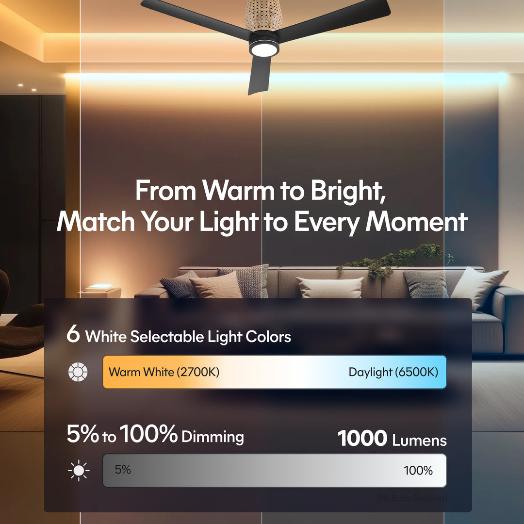 Banyan 52 in Matter Smart Rattan Ceiling Fan with Light in Matte Black / Natural Rattan — lighting, colour temperature and lumens