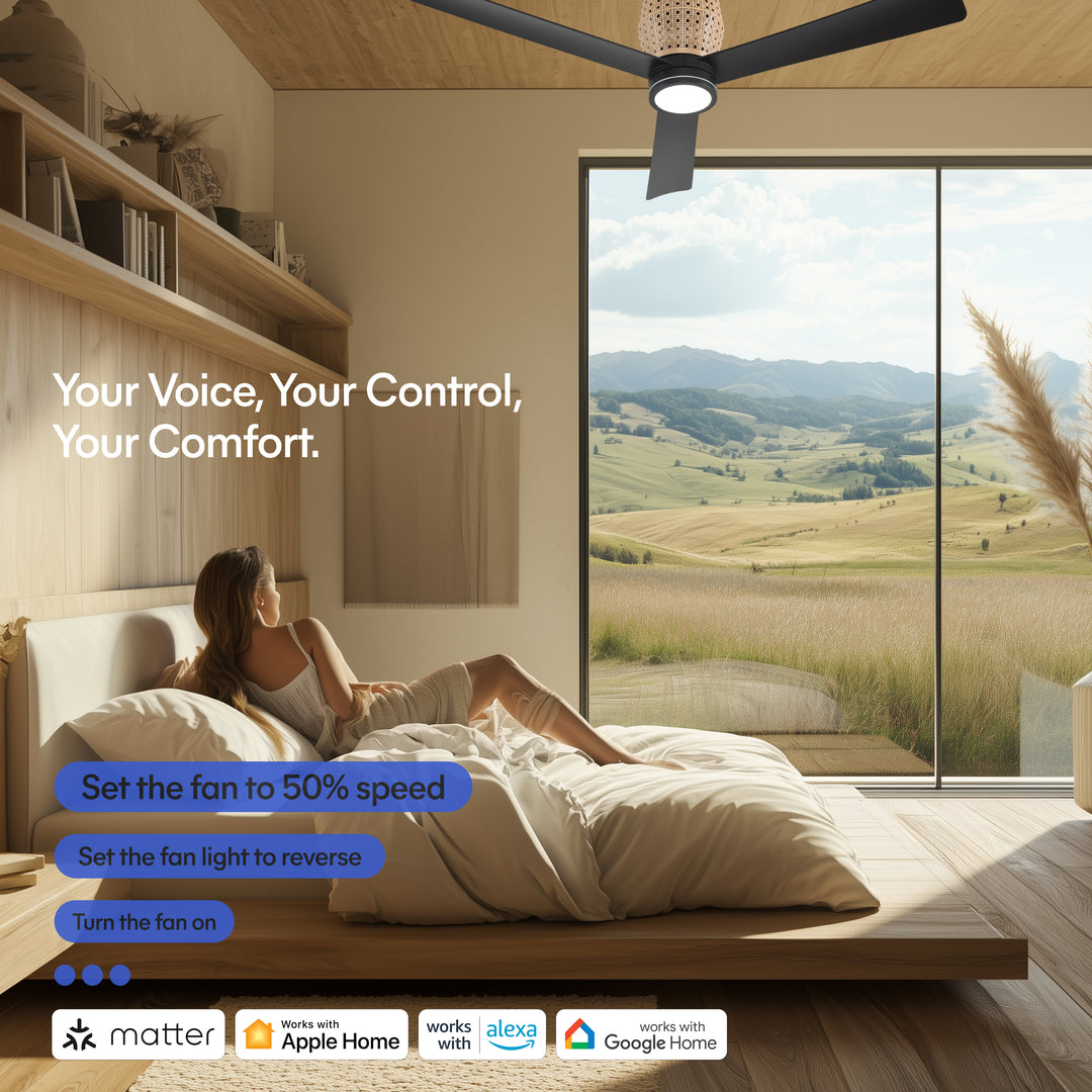 Banyan 52 in Matter Smart Rattan Ceiling Fan with Light in Matte Black / Natural Rattan — Matter smart-home compatibility