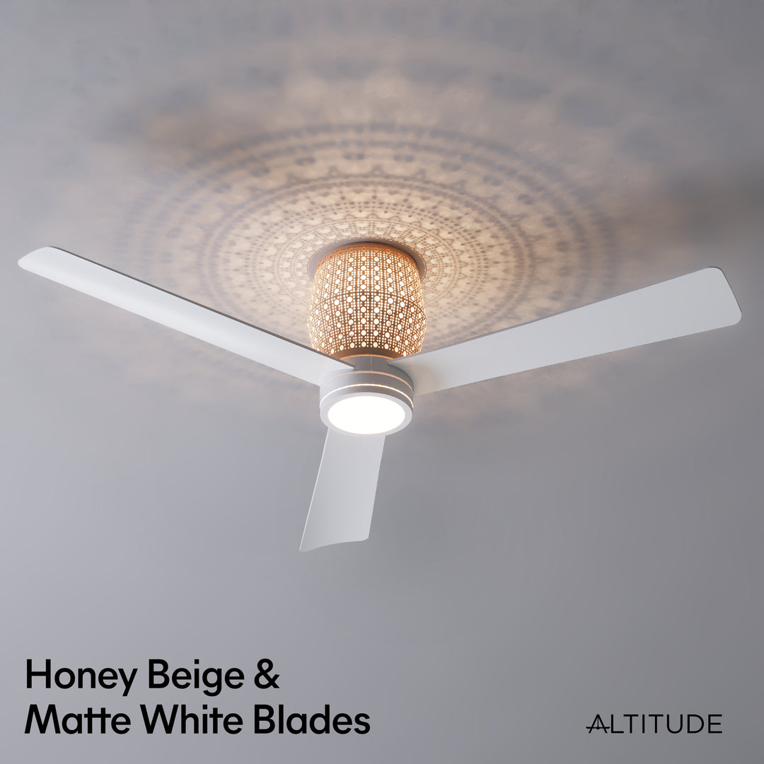 Banyan 52 in Matter Smart Rattan Ceiling Fan with Light in Matte White / Natural Rattan — finish and material detail