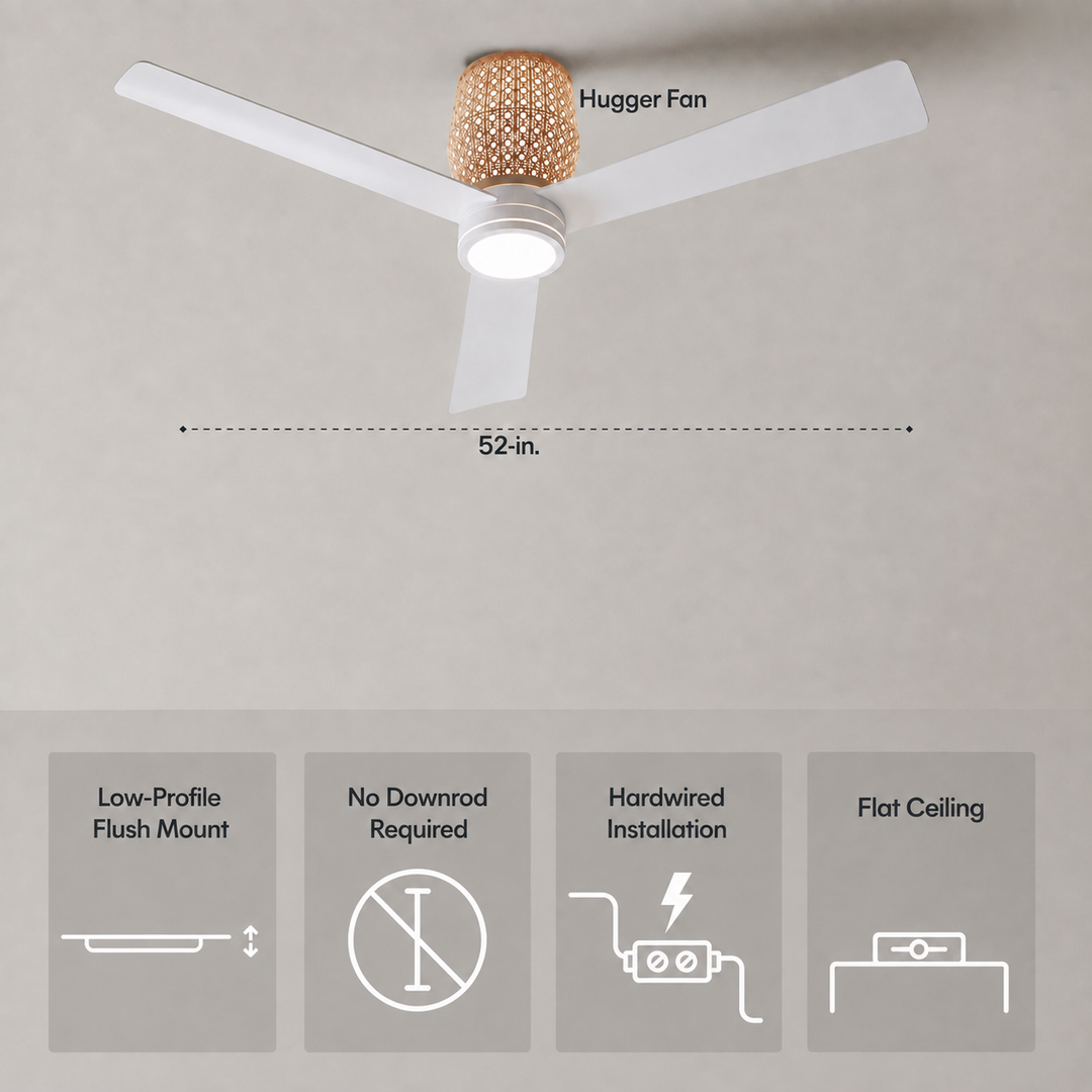 Banyan 52 in Matter Smart Rattan Ceiling Fan with Light — dimensions and flush-mount (hugger) installation