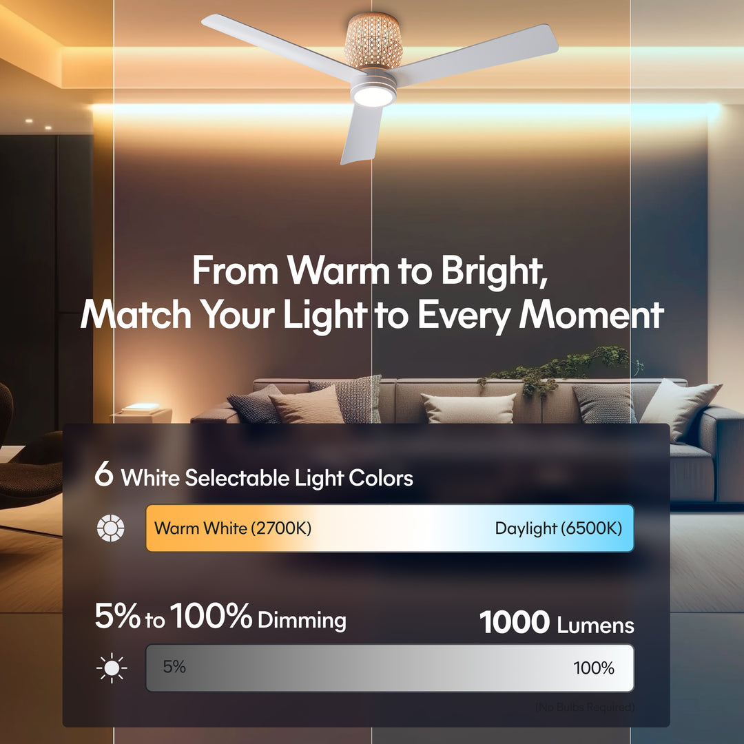 Banyan 52 in Matter Smart Rattan Ceiling Fan with Light in Matte White / Natural Rattan — lighting, colour temperature and lumens
