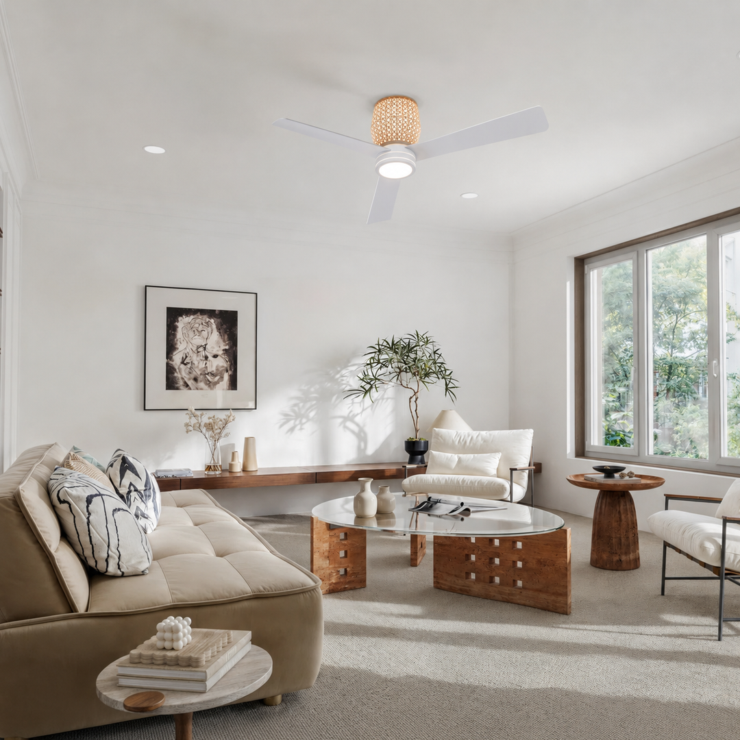 Banyan 52 in Matter Smart Rattan Ceiling Fan with Light in Matte White / Natural Rattan — in-room lifestyle view