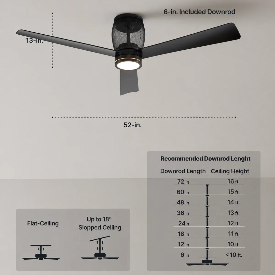 Moxy 52 in Matter Smart Cage Ceiling Fan with Light in Matte Black — dimensions, downrod and sloped-ceiling fit