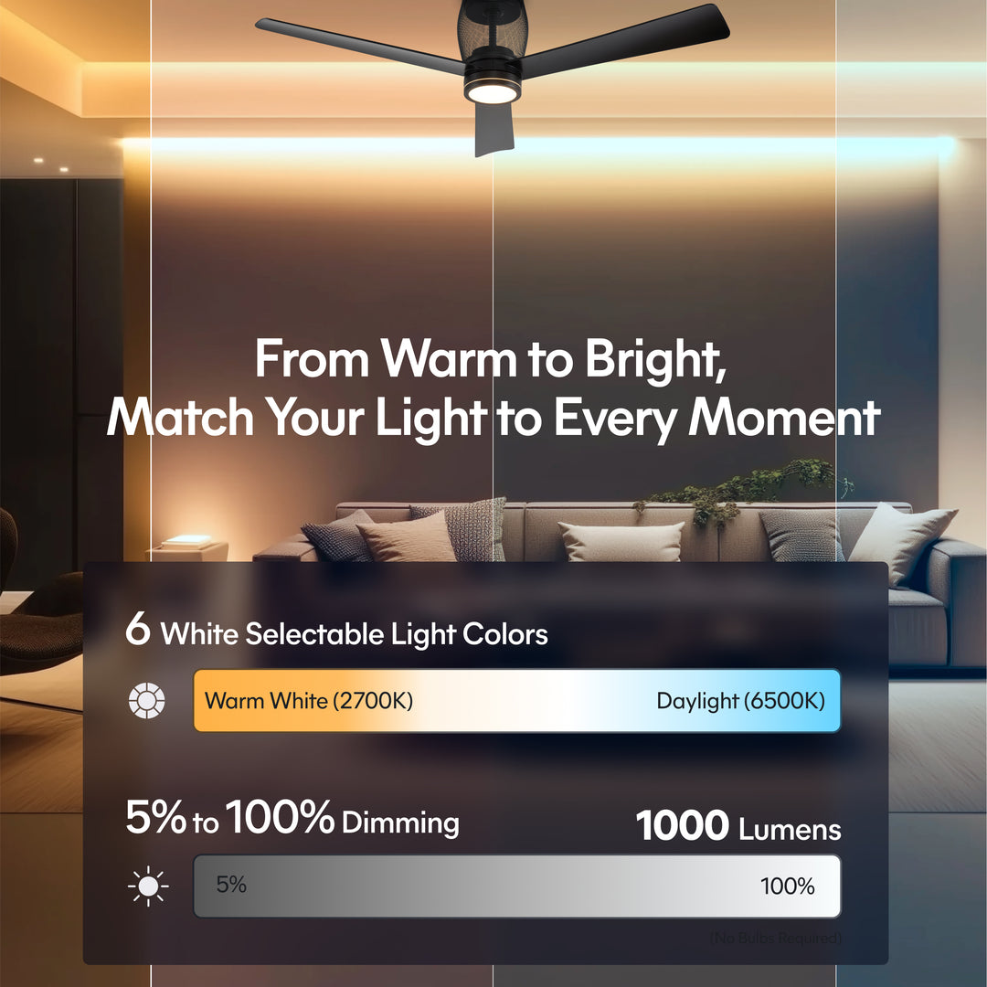 Moxy 52 in Matter Smart Cage Ceiling Fan with Light in Matte Black — lighting, colour temperature and lumens