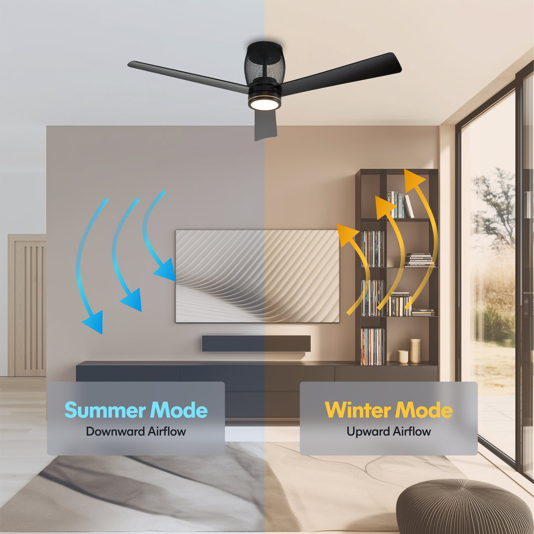 Moxy 52 in Matter Smart Cage Ceiling Fan with Light in Matte Black — reversible summer and winter modes