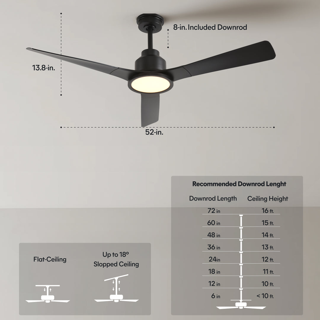 Trinity 52 in Matter Smart Ceiling Fan with Light in Matte Black — dimensions, downrod and sloped-ceiling fit