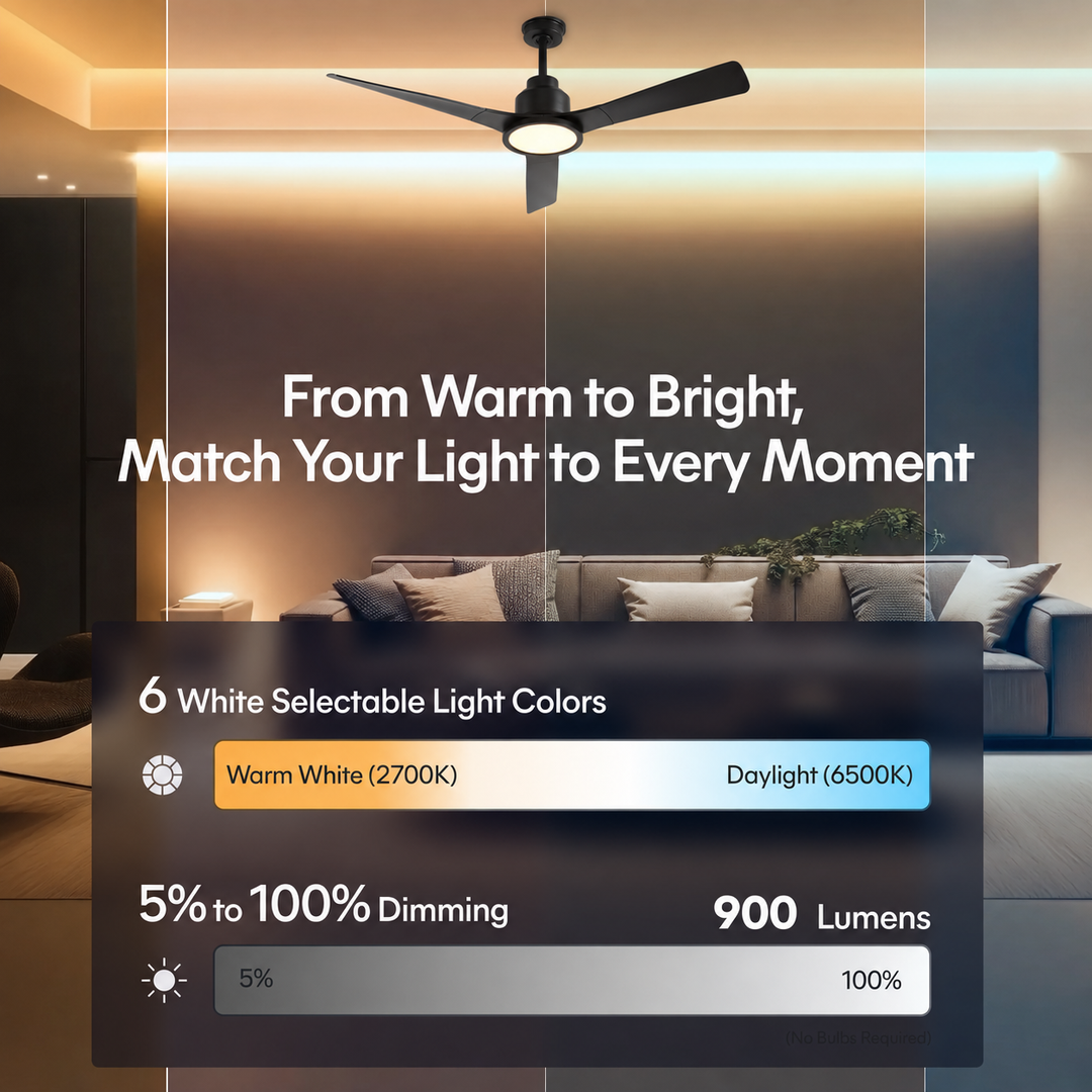 Trinity 52 in Matter Smart Ceiling Fan with Light in Matte Black — lighting, colour temperature and lumens