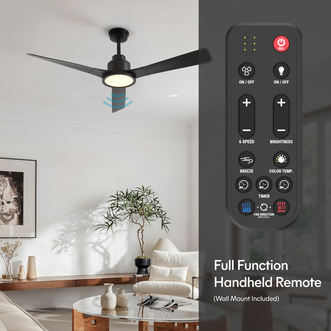 Trinity 52 in Matter Smart Ceiling Fan with Light in Matte Black — remote, control and pull chain
